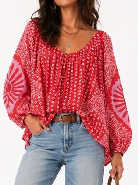 FREE PEOPLE Boho Floral Printed Flowy Blouse - Size XS - Red Combo - NWT